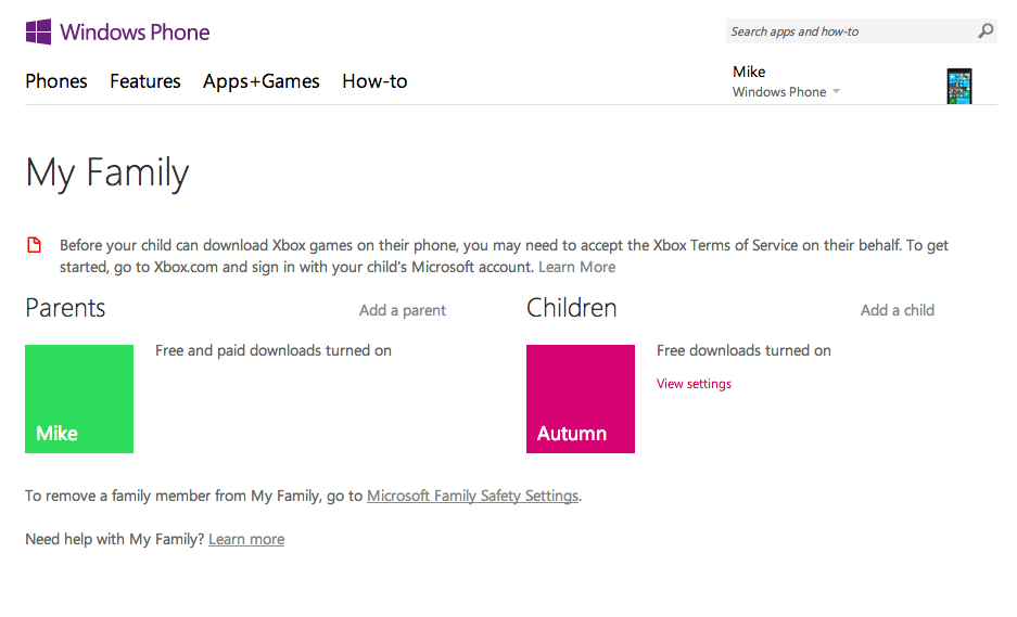 Настройка раздела "Моя семья" на Windows Phone